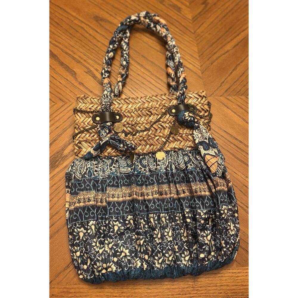 Sun N Sand Blue Floral Shoulder Bag with Braided Handles and Metal Disc Accents